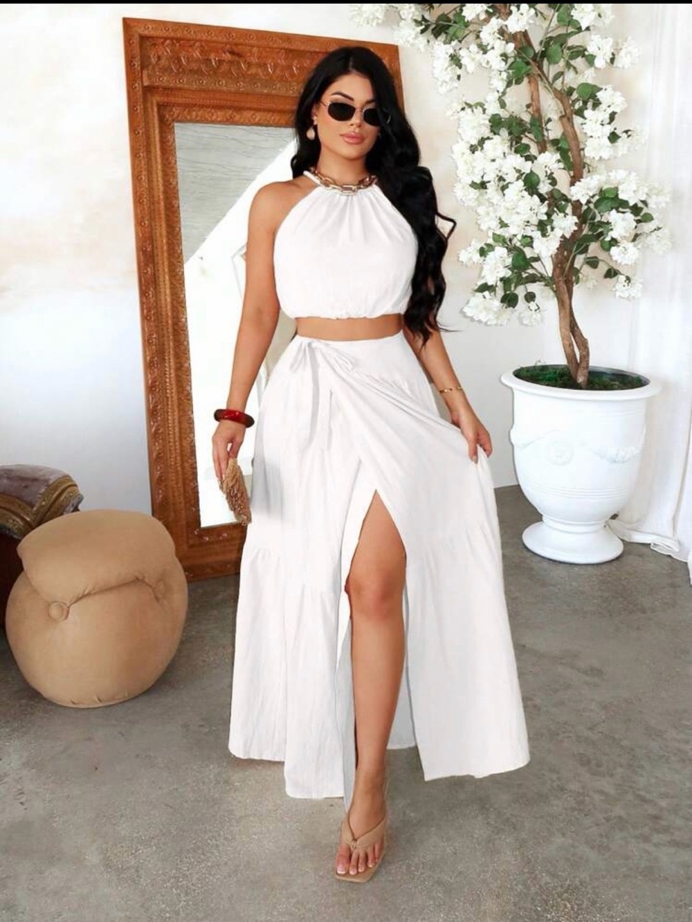White Two-Piece Maxi Dress with Halter Crop Top and Side Slit